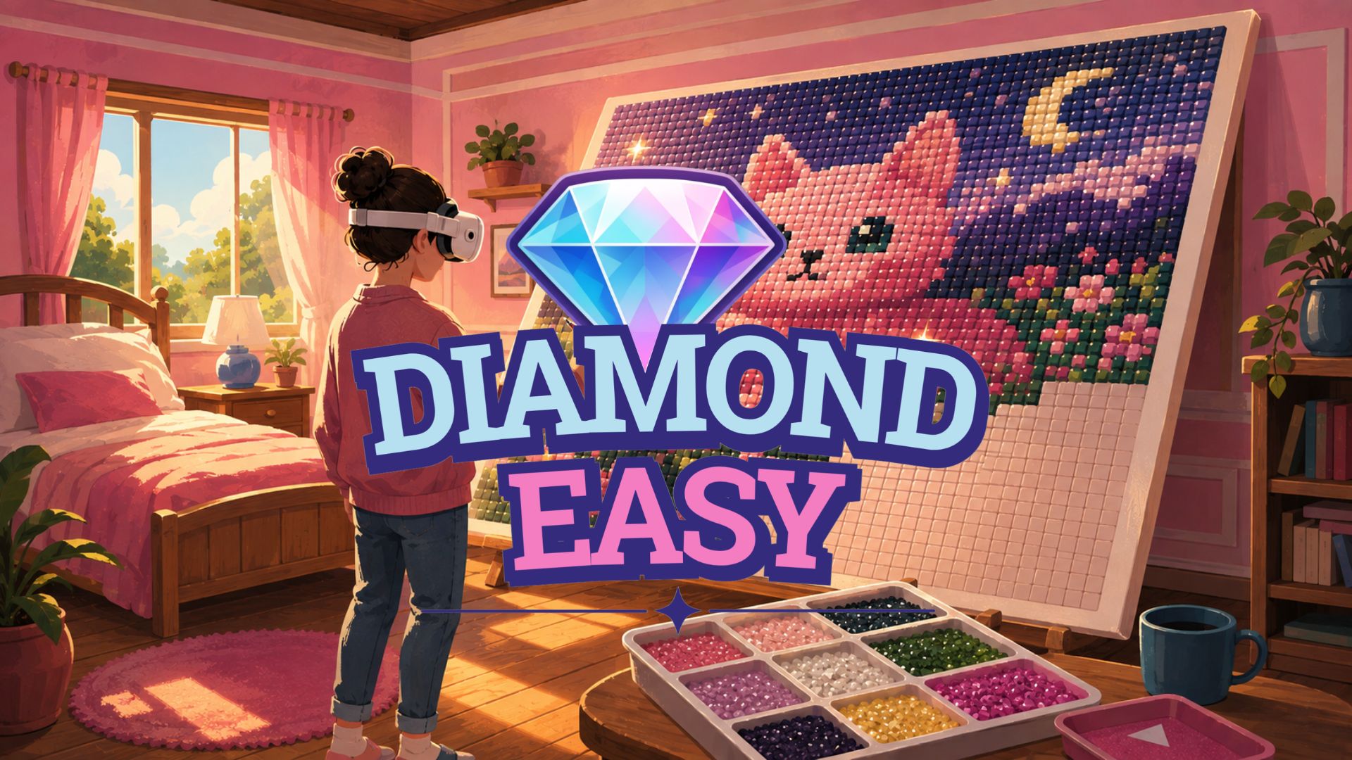 A VR player creating a pink cat diamond painting in a cosy room