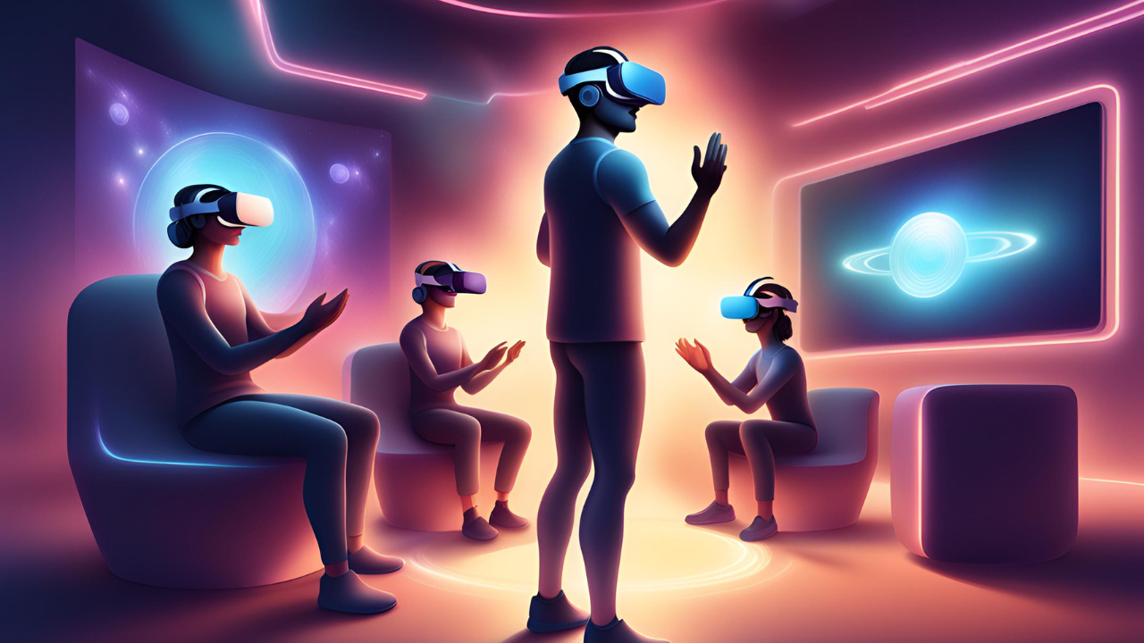 A stylised image of people standing in a room with VR headsets.