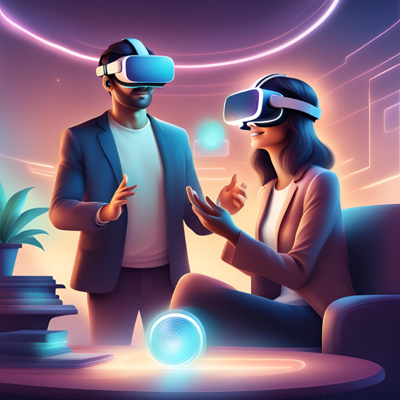 A stylised image of two people in vr headsets having a conversation.