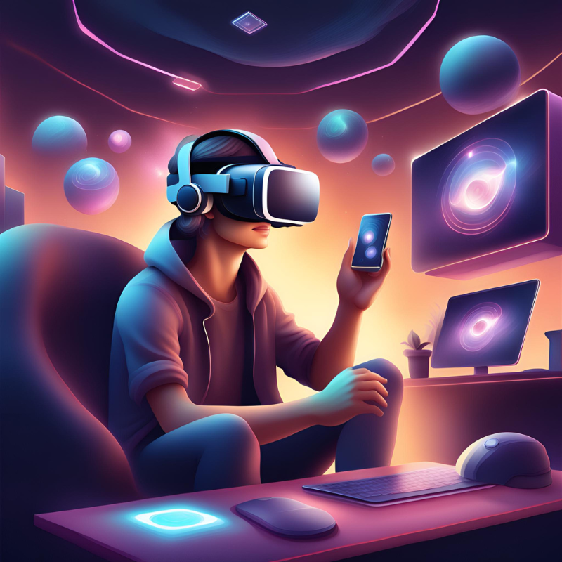 A stylised image a person sitting down doing VR Development.