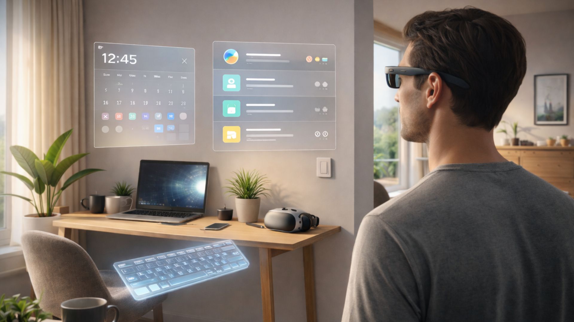 View through passthrough MR headset showing virtual objects anchored to a real home environment.